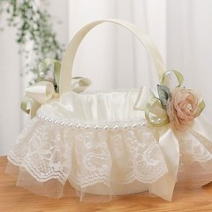 2 PCS White Polyester Wedding Flower Girl Baskets Cute Handle Decor
