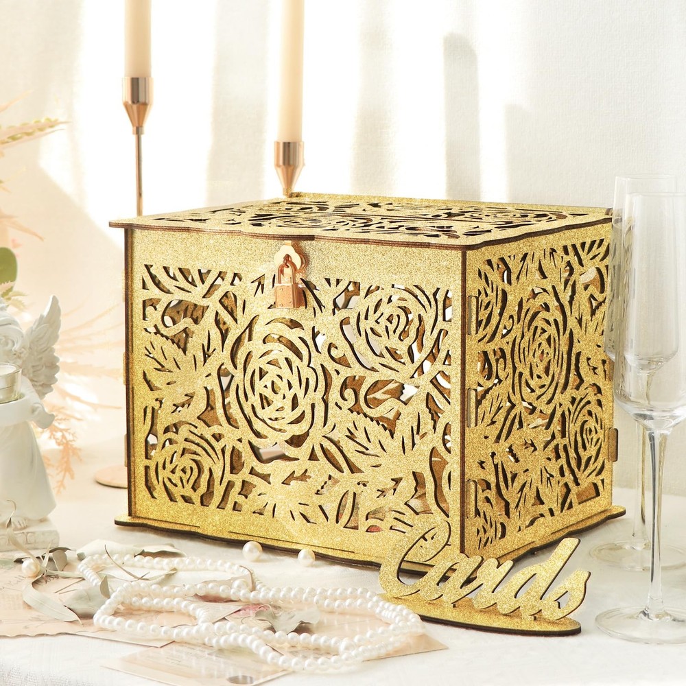 Glittery Gold Wedding Card Box with Lock, Wooden Gift Card Box for Wedding Re…