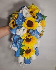 Dusty Blue White Rose Sunflower Bridal Wedding Bouquet Accessories
