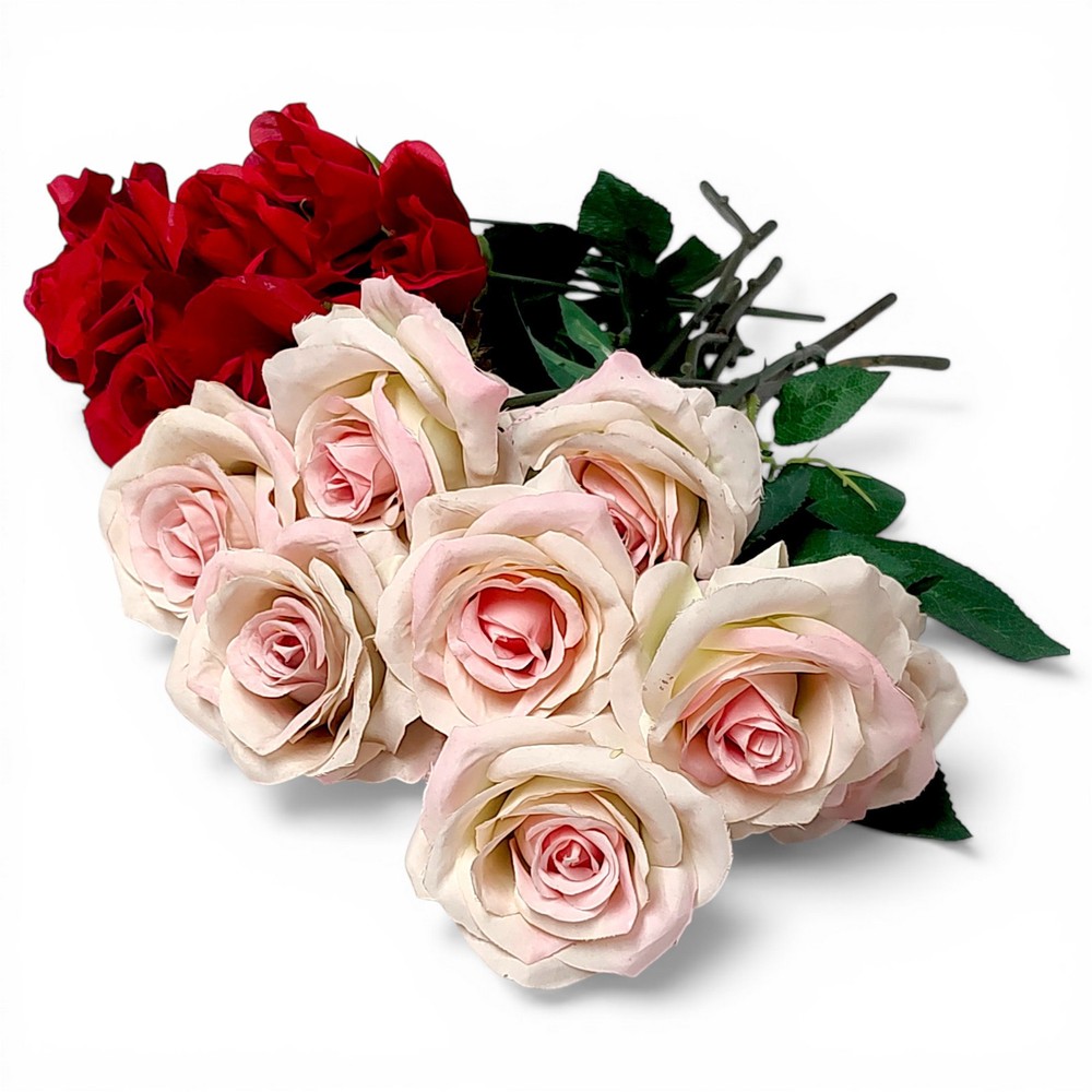 11pc Total Pink & Creamy White Roses Flowers 9 Singles 15″/ Red 2 Bunches 12″