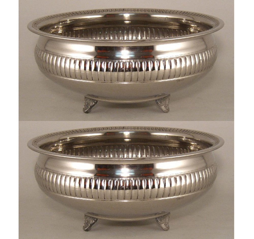 Compote Bowl Vase Nickel Plated Aluminum Ribbed 3-Leg Base 10.5″D 4.5″H Set/2