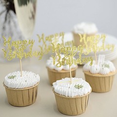 24 Gold Glittered Happy Birthday Cupcake Toppers Cake Decorations Party Supplies