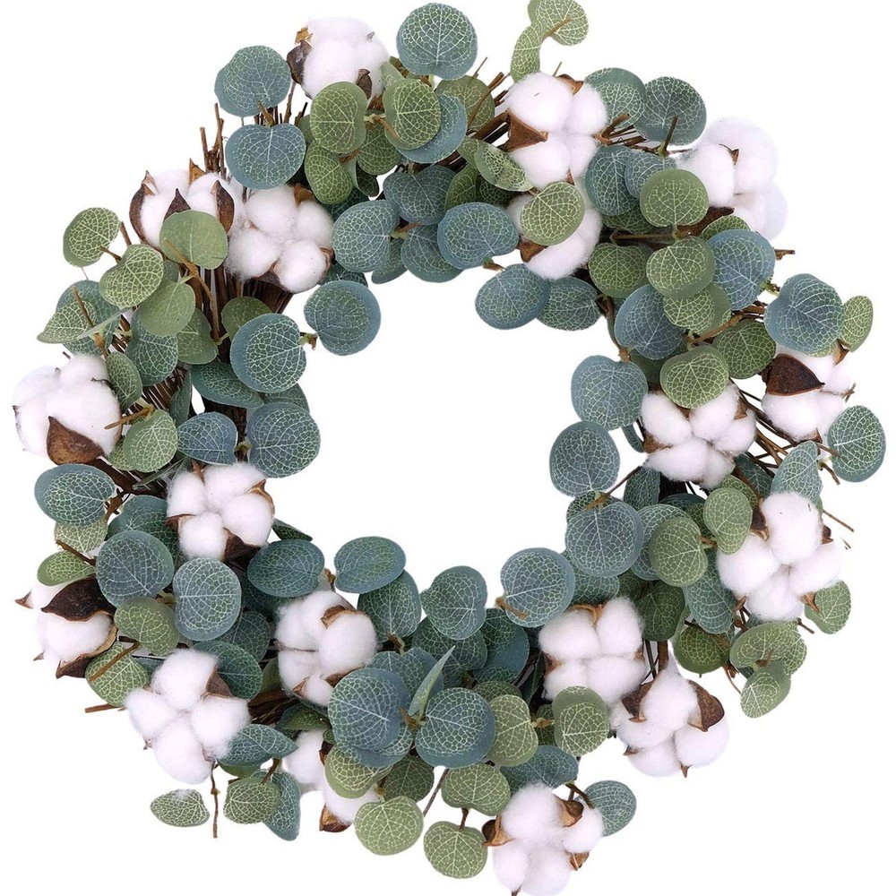 Idyllic Eucalyptus and Cotton Wreath, 14 Inches Artificial Wreath on a Natura…