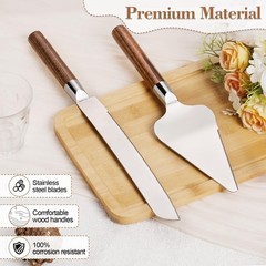 TUKDAK Cake Cutting Set for Wedding, Wood 10.2 inches, Walnut-silver