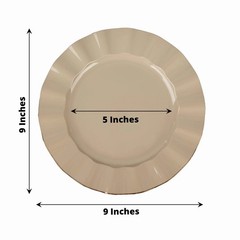 10 TAUPE 9″ Round PLASTIC Salad Dinner PLATES Gold Wavy Rim Wedding Party