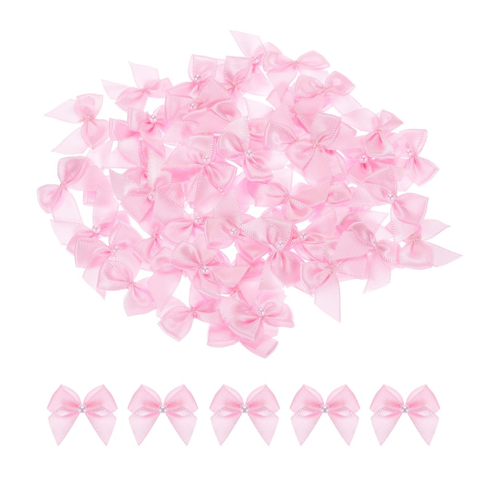 60Pcs Mini Light Pink Ribbon Bow with Pearl 1″ Ribbon Flowers Applique