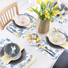 6 Pcs Blue White Easter Placemats Set Plastic Place Mat Retro Bunny Rabbit
