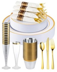 320PCS Plates Sets, Fancy Disposable Dinnerware for 320 Pcs (40 Guests) Gold