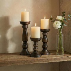 Farmhouse Wooden Candle Holders for Pillar Candles Set of 3, Vintage Brown