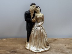 Vintage 1950s Chalkware Wedding Cake Topper Black Brown Hair Off white Dress