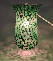 Candle Holder Brass with Green Mosaic Glass Shade 5″Dia 10″High Set of 2