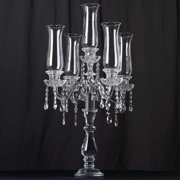 32″ CLEAR 5 Arm Crystal Glass Candelabra Hurricane Taper CANDLE HOLDER Party