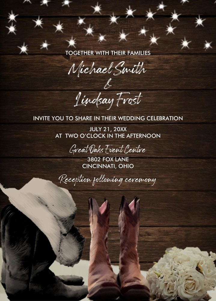 Personalized Boots & Roses Wedding Invitations Digital or Printed (Price for 50)