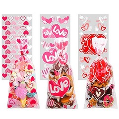 Valentine Cellophane Candy Bags,150 Pcs Treat Bags Heart and Love Shape