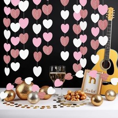 White Rose-Gold Pink Heart Garland Party Decor, 52 Heart Garland – Pink White