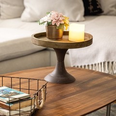 Stonebriar Rustic Worn Natural Wood and Metal Pedestal Tray, 11.8″, Brown