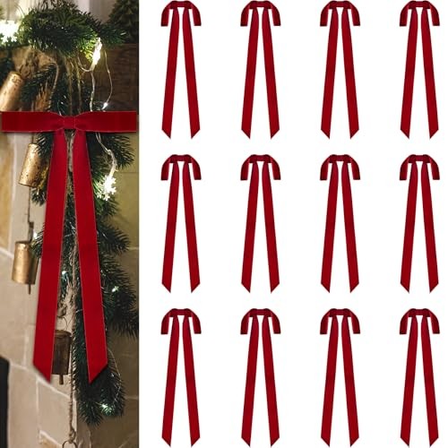 12 Pcs Large Christmas Burgundy Velvet Bows, 24 x 12 Inch Width of 1.5″ Red