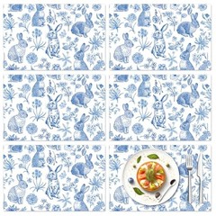 6 Pcs Blue White Easter Placemats Set Plastic Place Mat Retro Bunny Rabbit