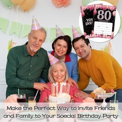 Birthday Invitations for Women Men – Pink 80th Bday Invites with Envelopes(25…