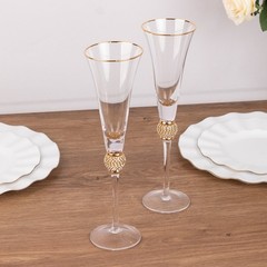 6 CLEAR Champagne Flute Glasses 6oz Gold Rim Design with Studded Rhinestones