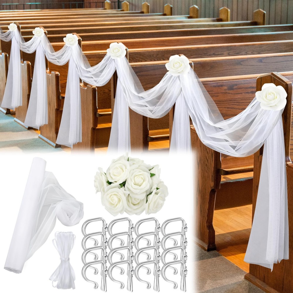 34 Pcs Wedding Pew Decorations – White Tulle & Silk Hydrangea Rose Clips for Ais