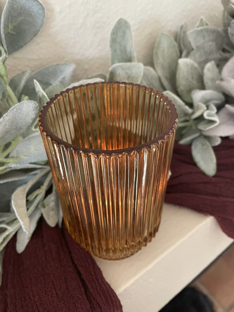 12 Center piece amber color glass candle holders (3.25″ diameter 5″ Tall)