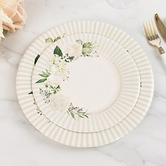 25 WHITE SAGE GREEN 8″ Dessert Paper Plates with Floral Lined Rim Party Supplies