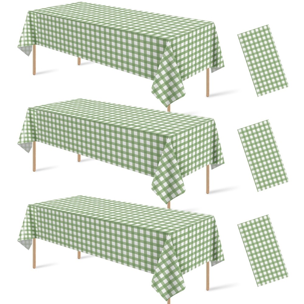3 Pcs Sage Green Gingham Tablecloth Decorations, Disposable Plastic Green