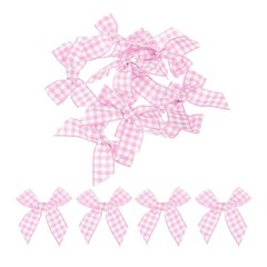 10Pcs Mini Gingham Ribbon Bow 1.5″ Checkered Fabric Satin Pink and White