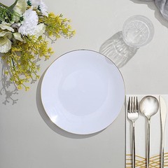 WHITE 10 Glossy 8″ Round Plastic Salad PLATES Gold Rim Party Events Decorations