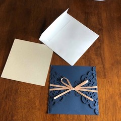 Dark Blue, Navy Laser Cut Flowers Gold Silk Tie Square Wedding Invitation Cards