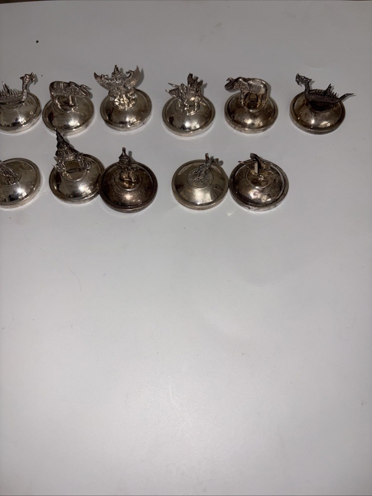 Vintage Siam Place Card Holders Silver Plate Set of 11 Dancer Poor Condition
