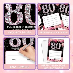 Birthday Invitations for Women Men – Pink 80th Bday Invites with Envelopes(25…