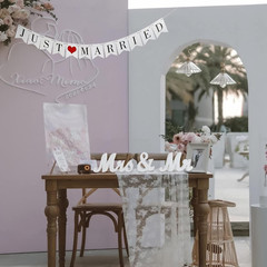 Large White Wooden Mr & Mrs Sign with Just Married Banner White Sweetheart Table