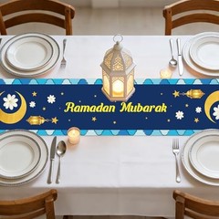 Ramadan Table Runner, 183x33cm/72x13in Blue Yellow Lantern Flower Tablecloth