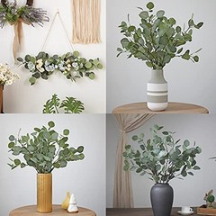 HinyoCo 6 Pcs 35″ Tall Stems Artificial Eucalyptus Leaves – Silver