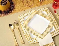 175 Ct Gold Dinnerware Set for 25 Guests – Square Gold Diamond Rim Plates