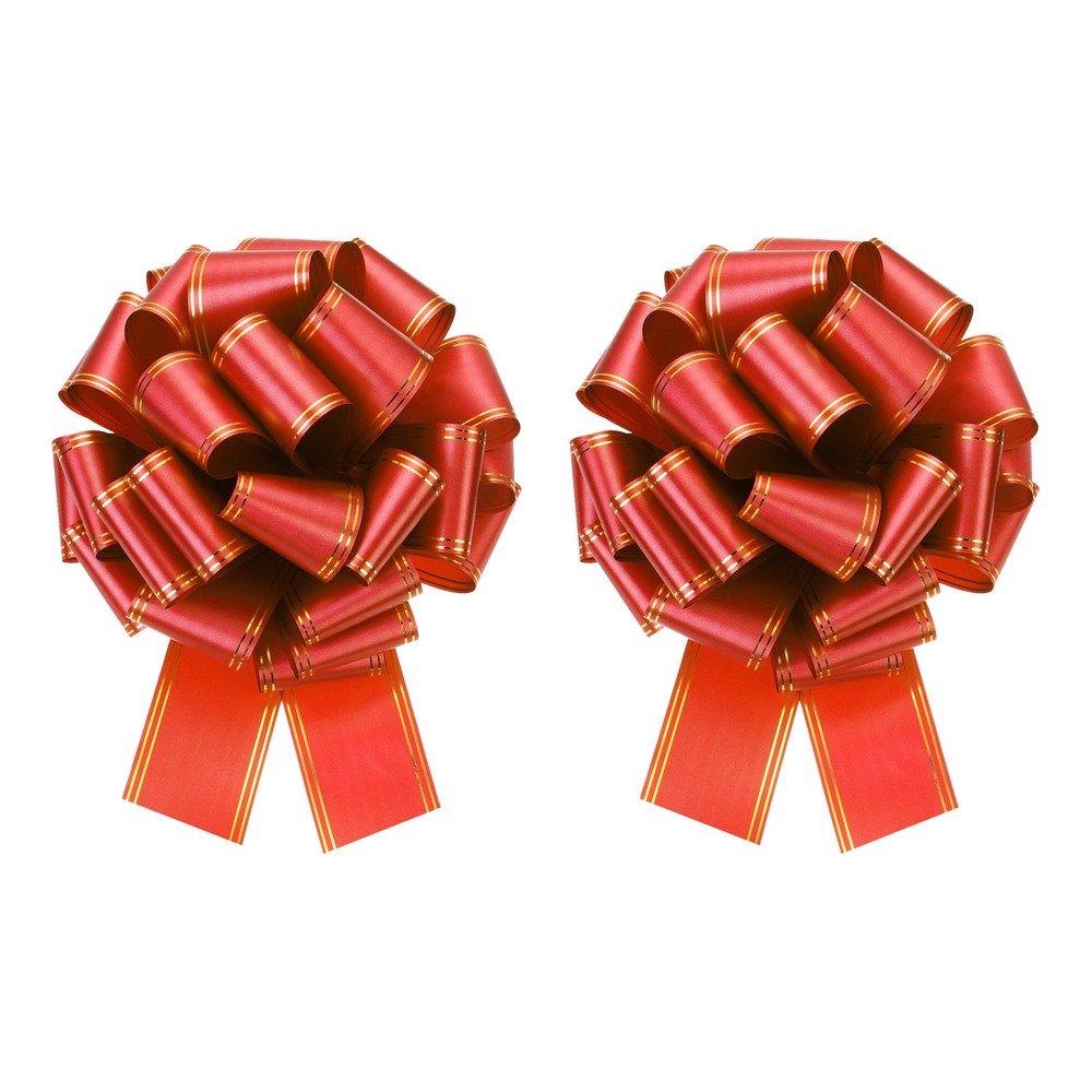 2pcs 12 Inch Large Pull Bow Metallic Car Ribbon with Gold Edge for Wrapping, Red