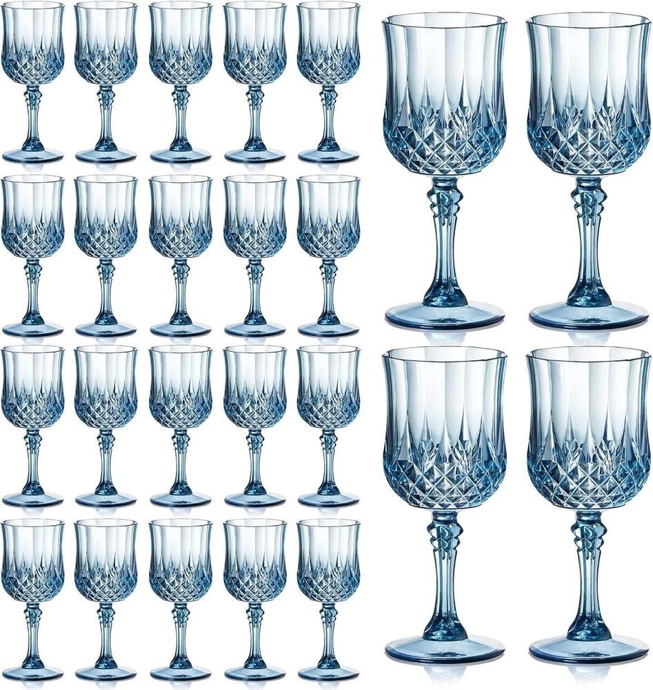 XUWAIDSGN 24 Pcs 7oz Plastic Vintage Wine Glasses Drinking 6″W x 7″H, Blue