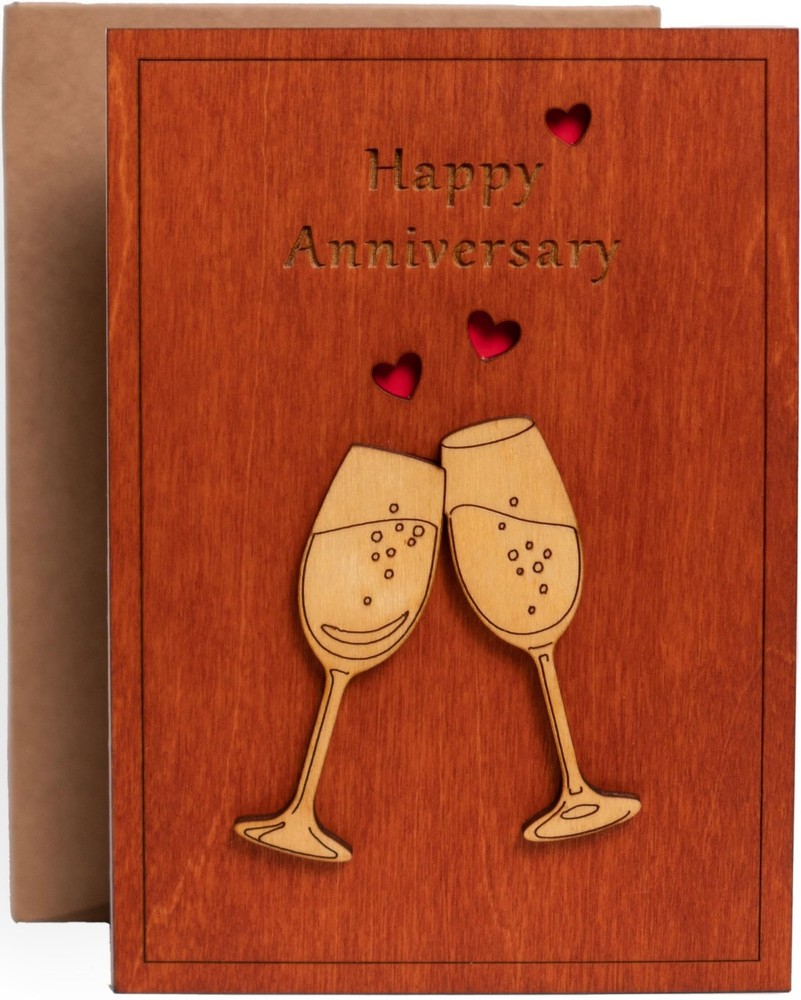 Wooden Happy Anniversary Card with Holder – Unique Wedding Keepsake Gift