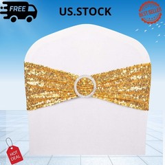 50 Pack Sequin Stretch Chair Sashes Spandex Bands Wedding Decor Gold
