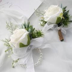 Handcrafted Ivory Rose Wrist Corsage with Boutonniere for Special Occasions