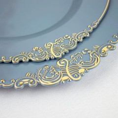10 DUSTY BLUE GOLD 8″ Round Plastic Salad Dinner PLATES Embossed Baroque Rim