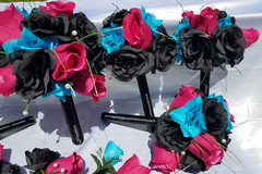 Wedding Bouquet Set – Black, Bright Pink, Turquoise Rose Flowers – 26 pieces