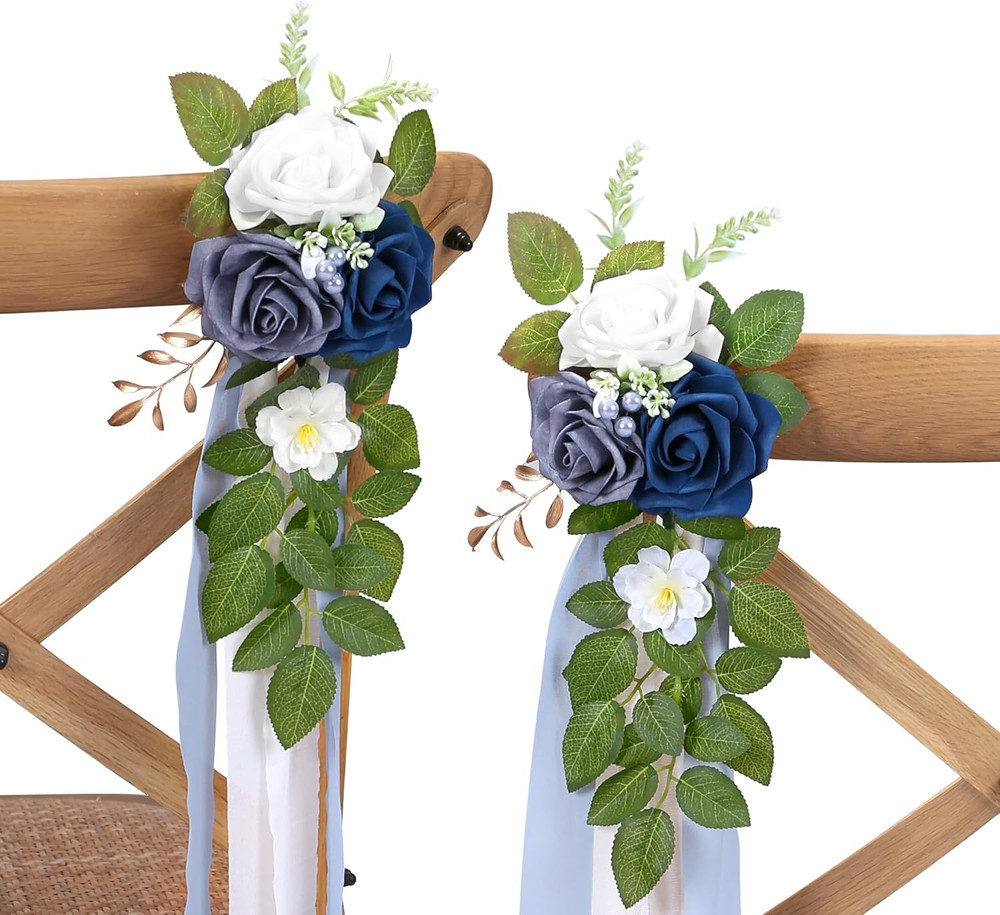 10 Blue Wedding Aisle Decorations with Rose & White Flowers – 5.5″x13
