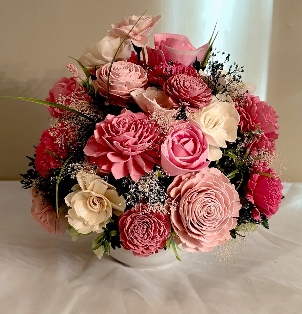 Sola Wood Flower Centerpiece with – Blush, Pink Cream & Natural Tones 13″X 13″