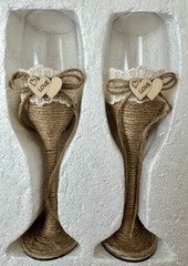 Wedding Cakes Server Set & Champagne Glasses 4 Piece Rustic Country Burlap Lace
