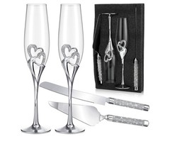 4 Piece Champagne Flutes and Cake Knife Server Set, Bride and Groom Toasting …