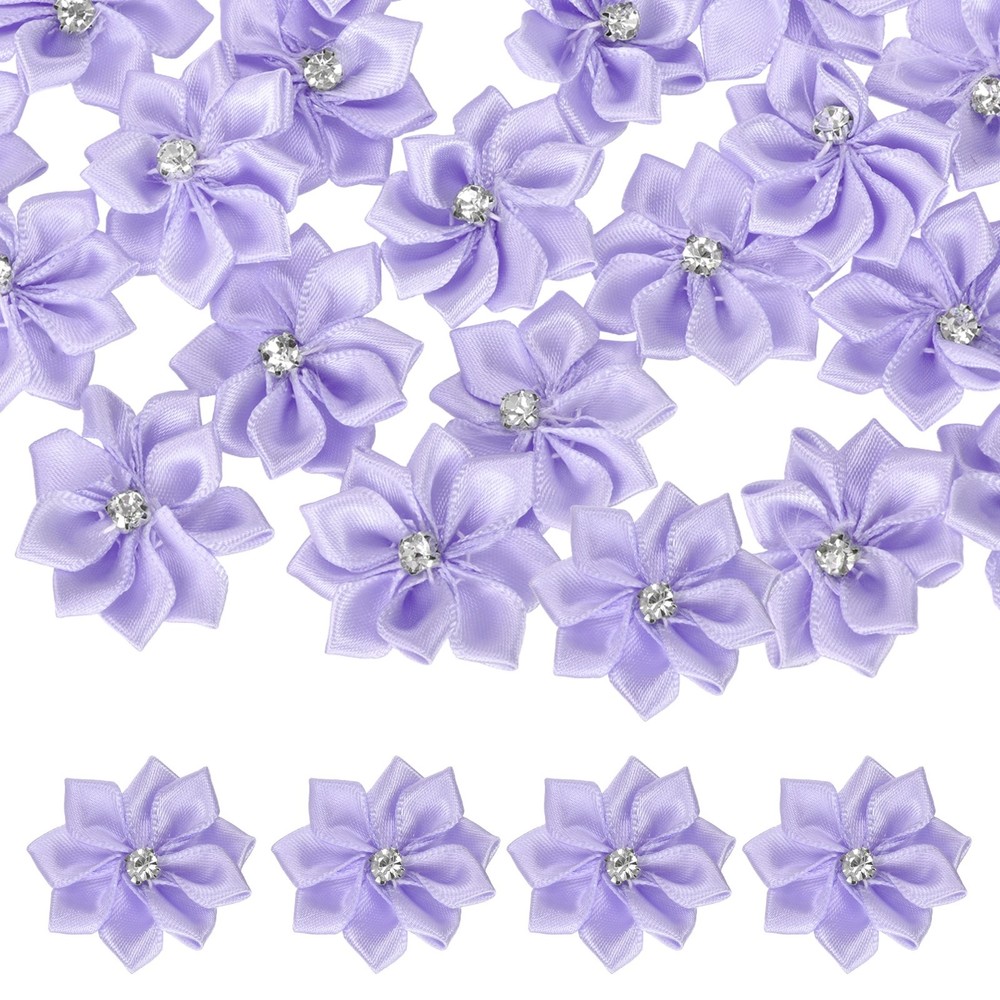 100 Pcs Ribbon Flowers, 1.2 in Fabric Flowers with Rhinestones, Lavender