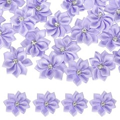 100 Pcs Ribbon Flowers, 1.2 in Fabric Flowers with Rhinestones, Lavender